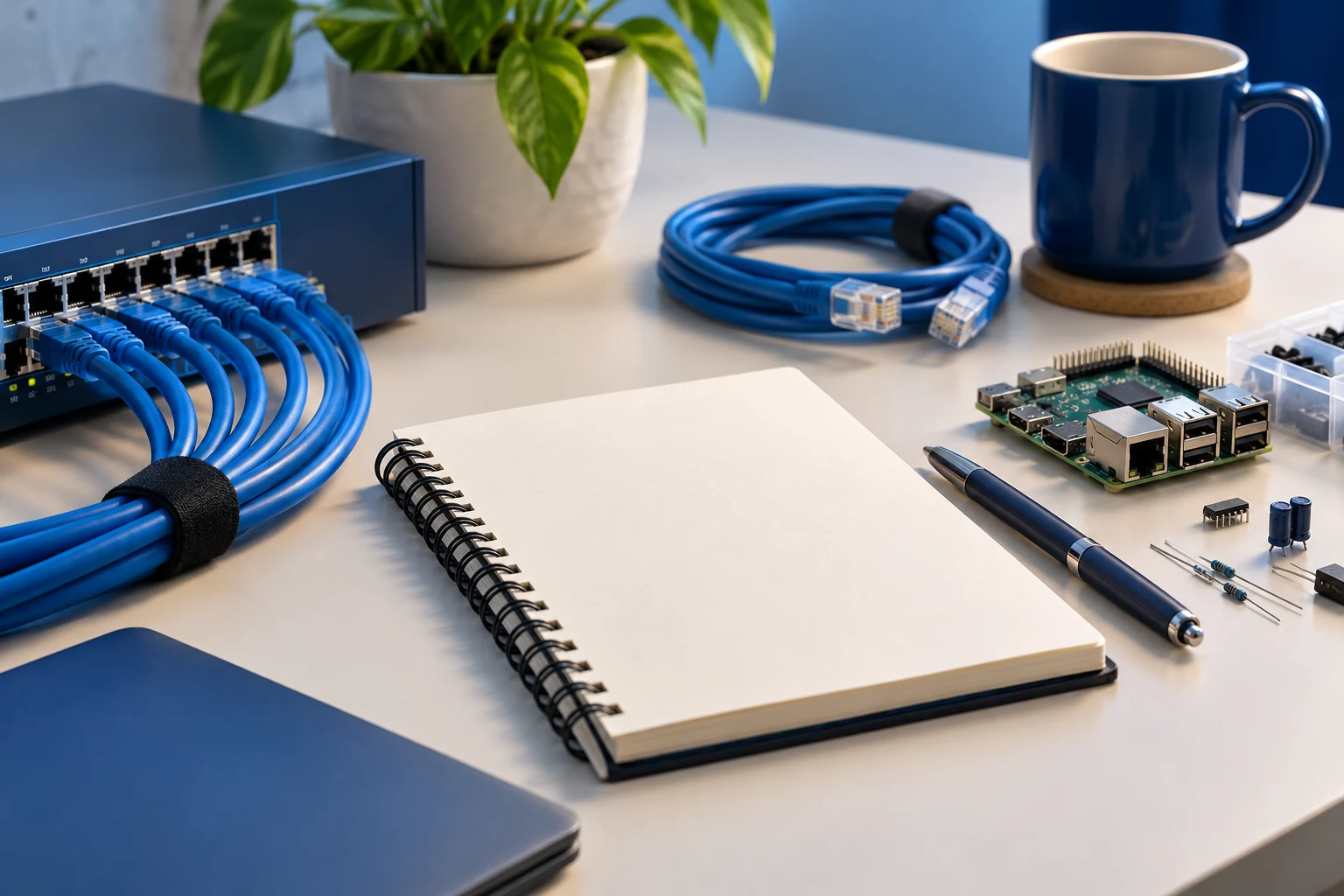 Neatly arranged network cables, a blank notebook and circuit components; an editorial illustration.