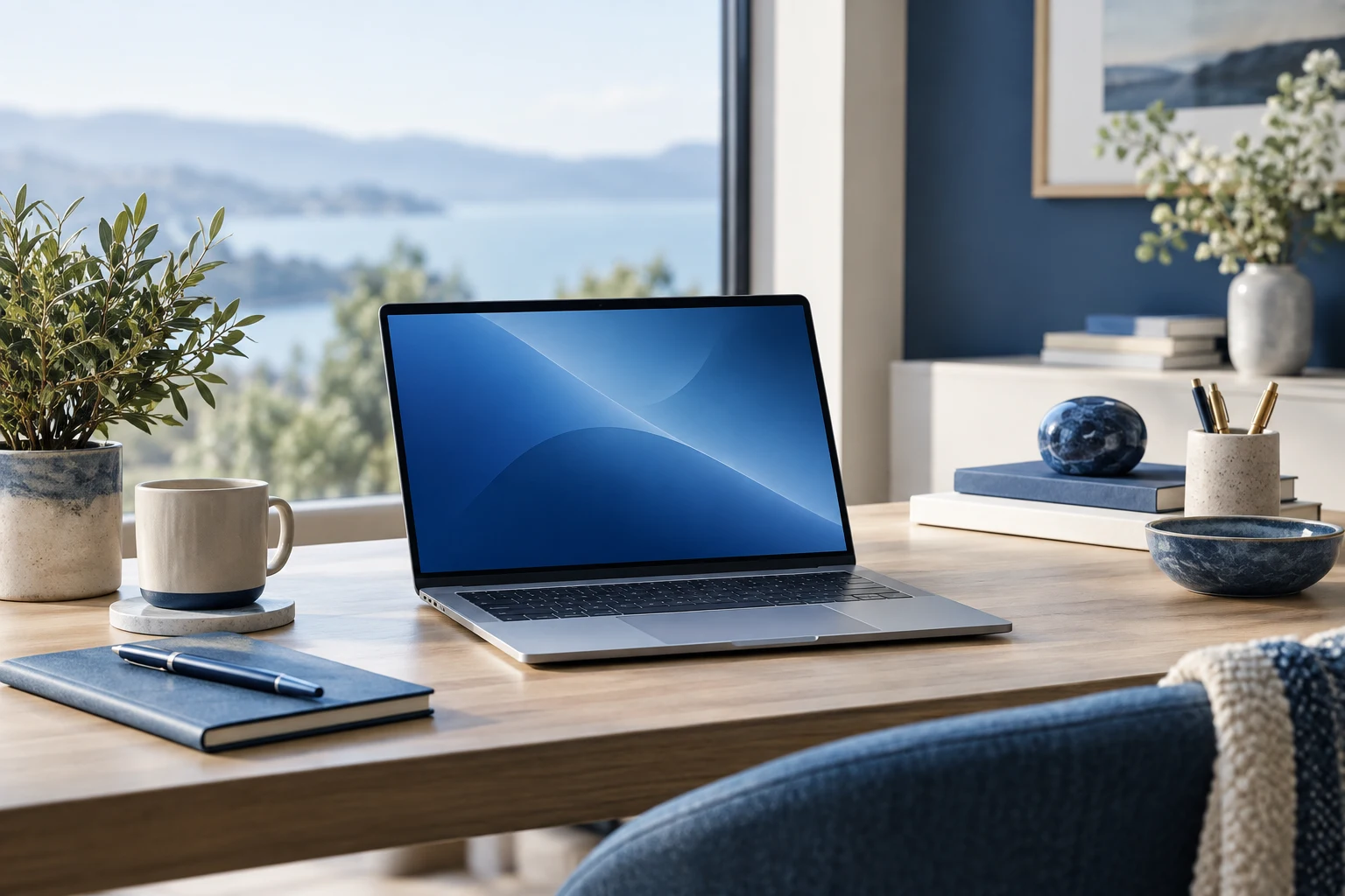 An unbranded laptop with an abstract blue screen on a bright desk; an editorial illustration.